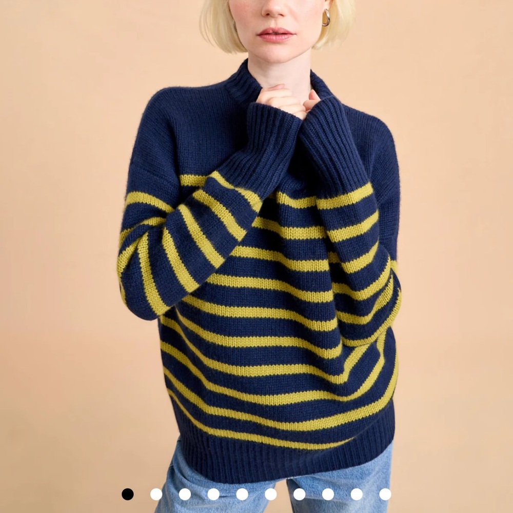 LA Ligne Marin Striped Cashmere/Wool Blend Navy & Chartreuse Sweater, XXS/XS